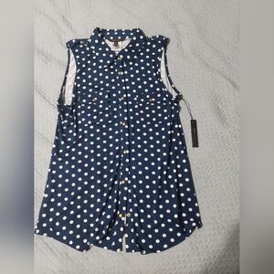 BCBGMaxAzria Navy and White Polka Dot Sleeveless Blouse